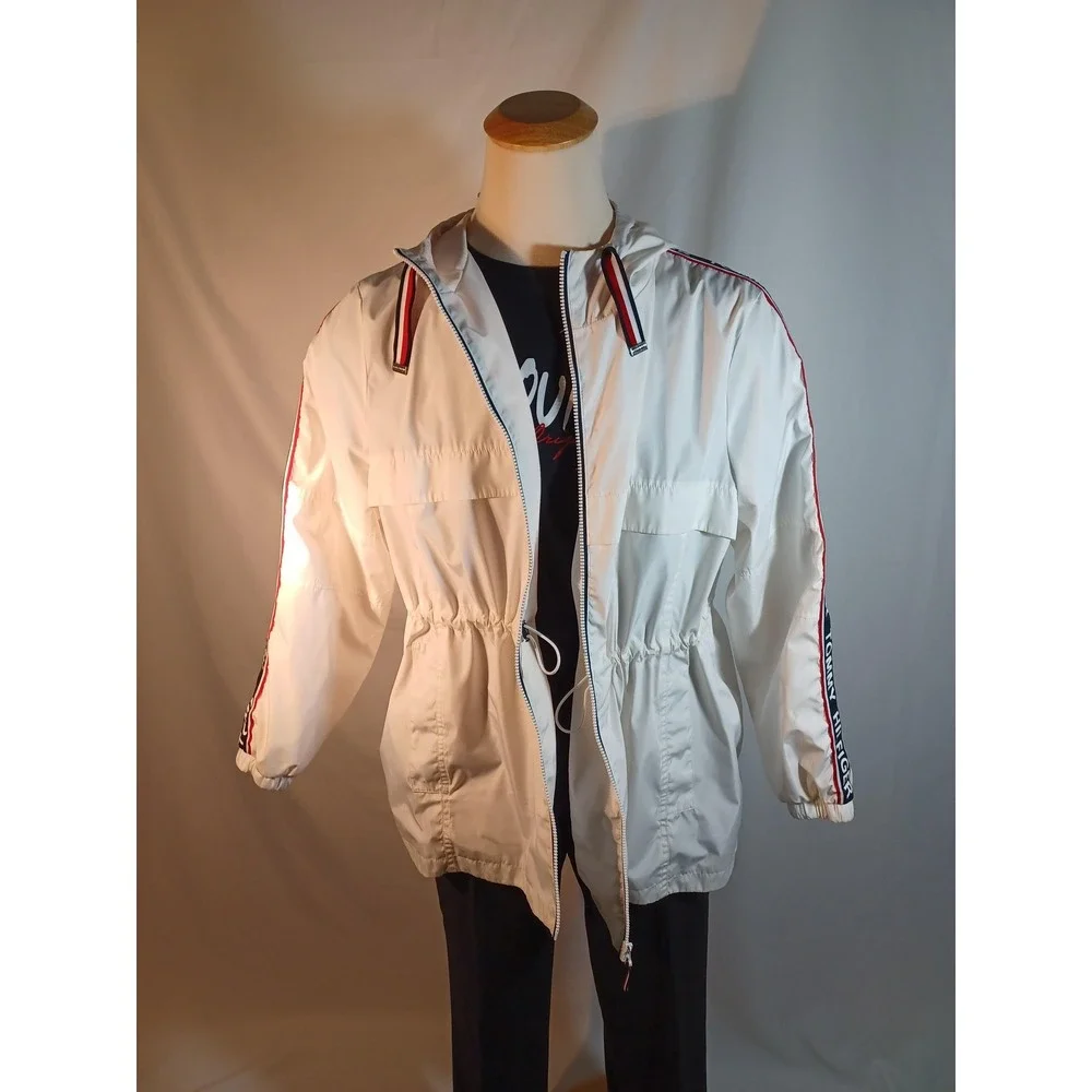 Tommy Hilfiger Jacket Mens 2XL White Hooded Windbreaker‎ Logo Tape Zip Casual